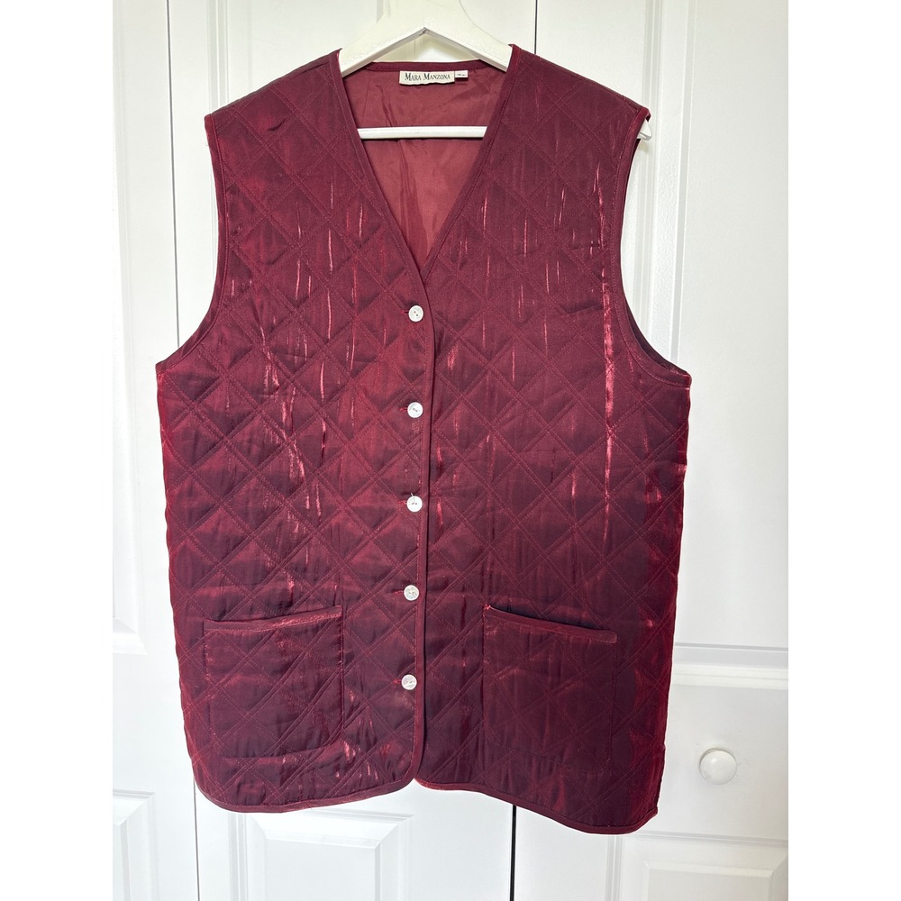 Mara Manzona Vintage Quilted Vest‎ Burgundy Red Metallic Diamond Padded Pockets